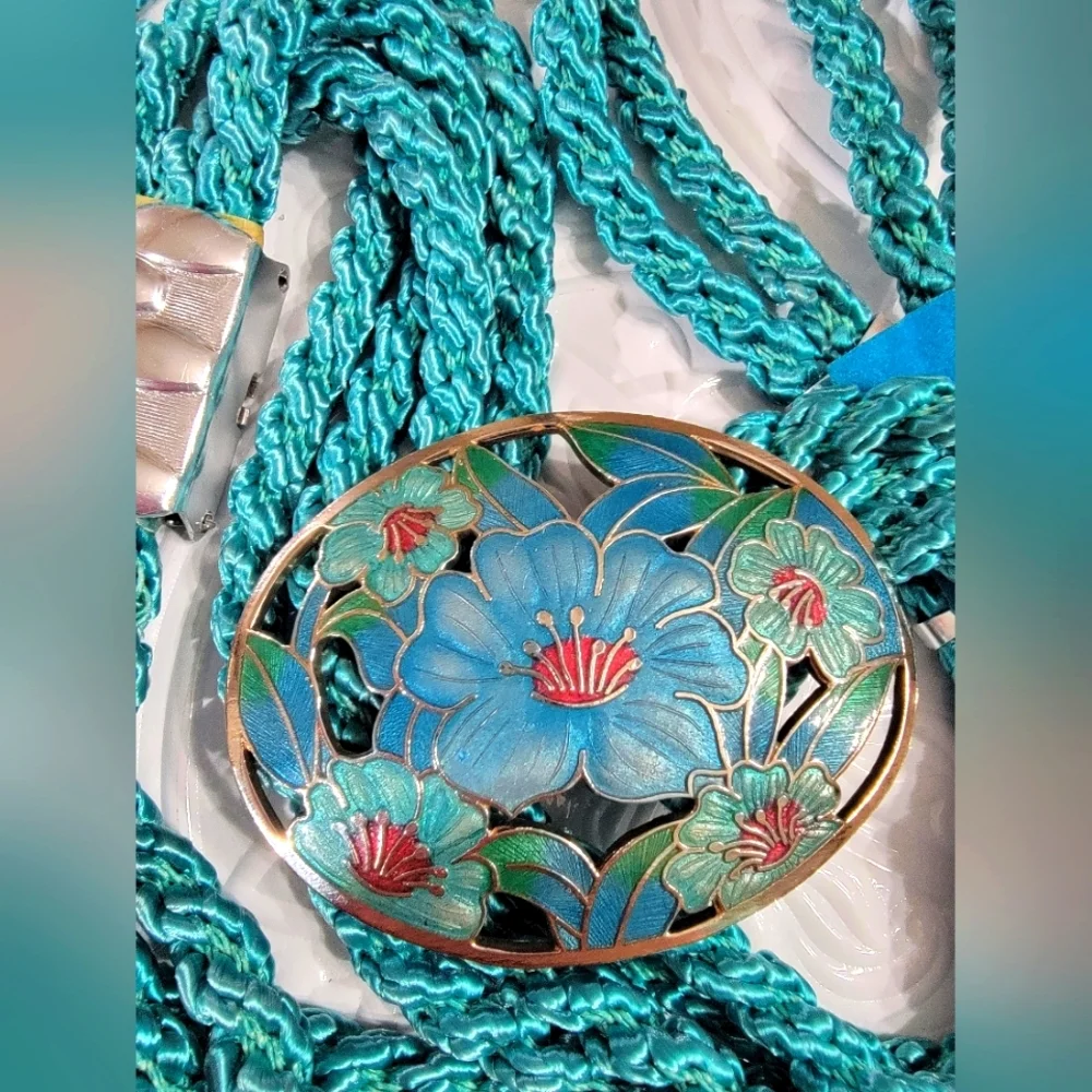 Vintage Sea Gem Floral Cloisonne Buckle Teal Braided Rope Belt